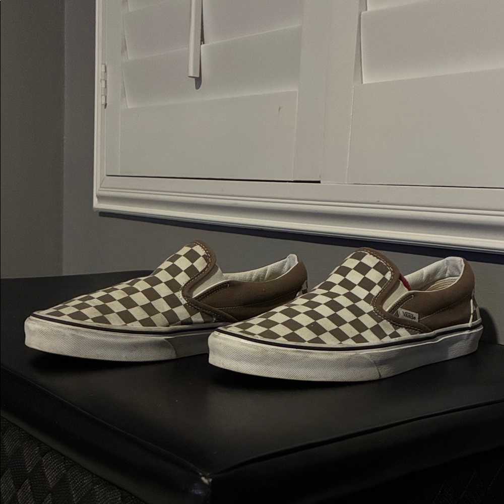 Vans Men's Brown and White Checkered Slip-On Sneakers